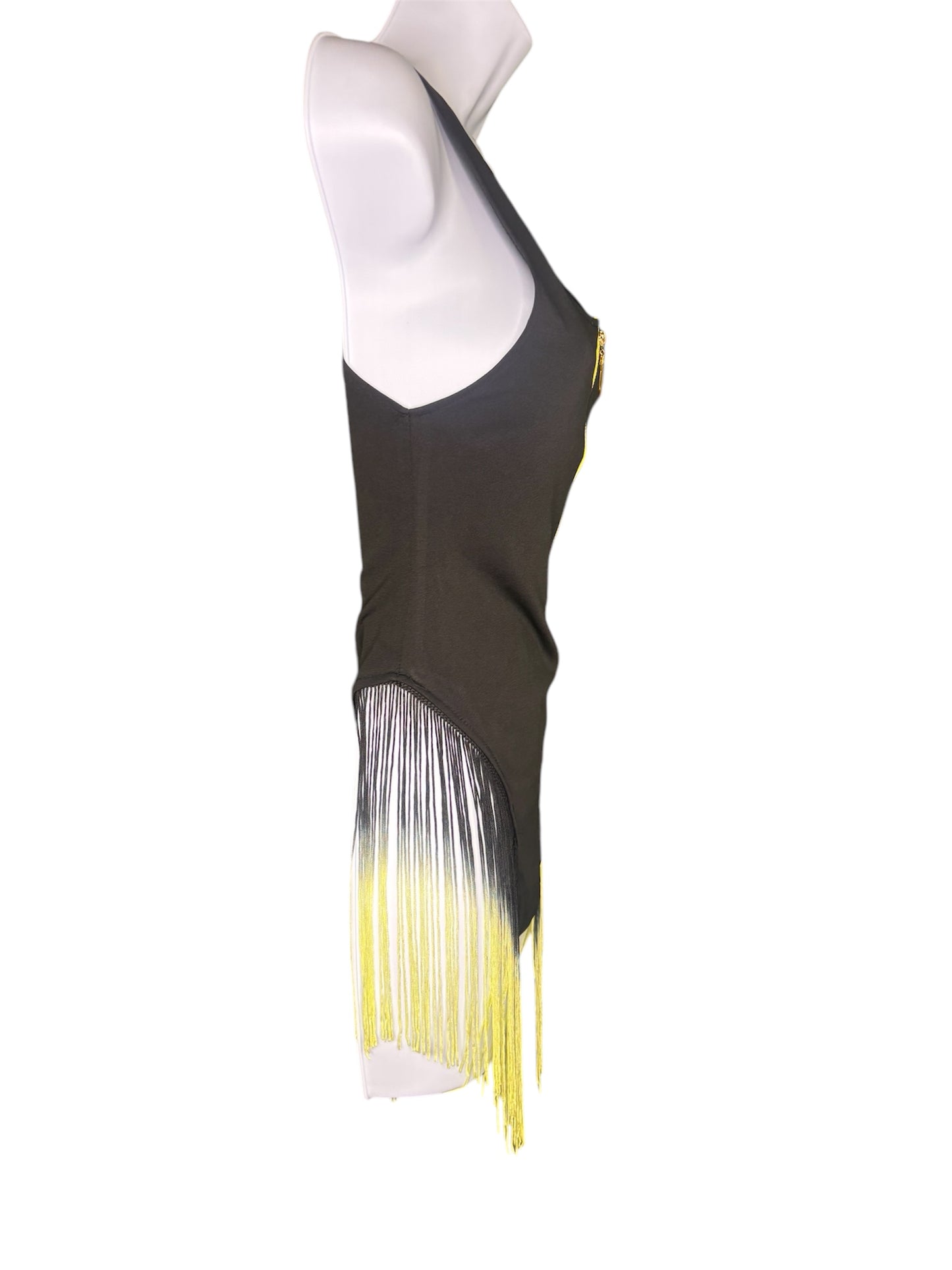 Black Bodysuit with Yellow Zipper and Fringe Accent
