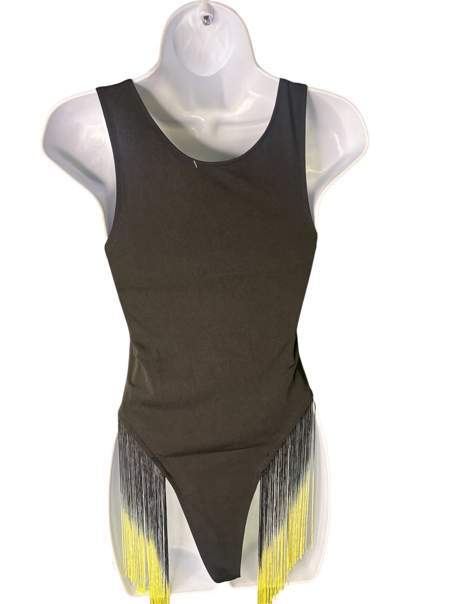 Black Bodysuit with Yellow Zipper and Fringe Accent