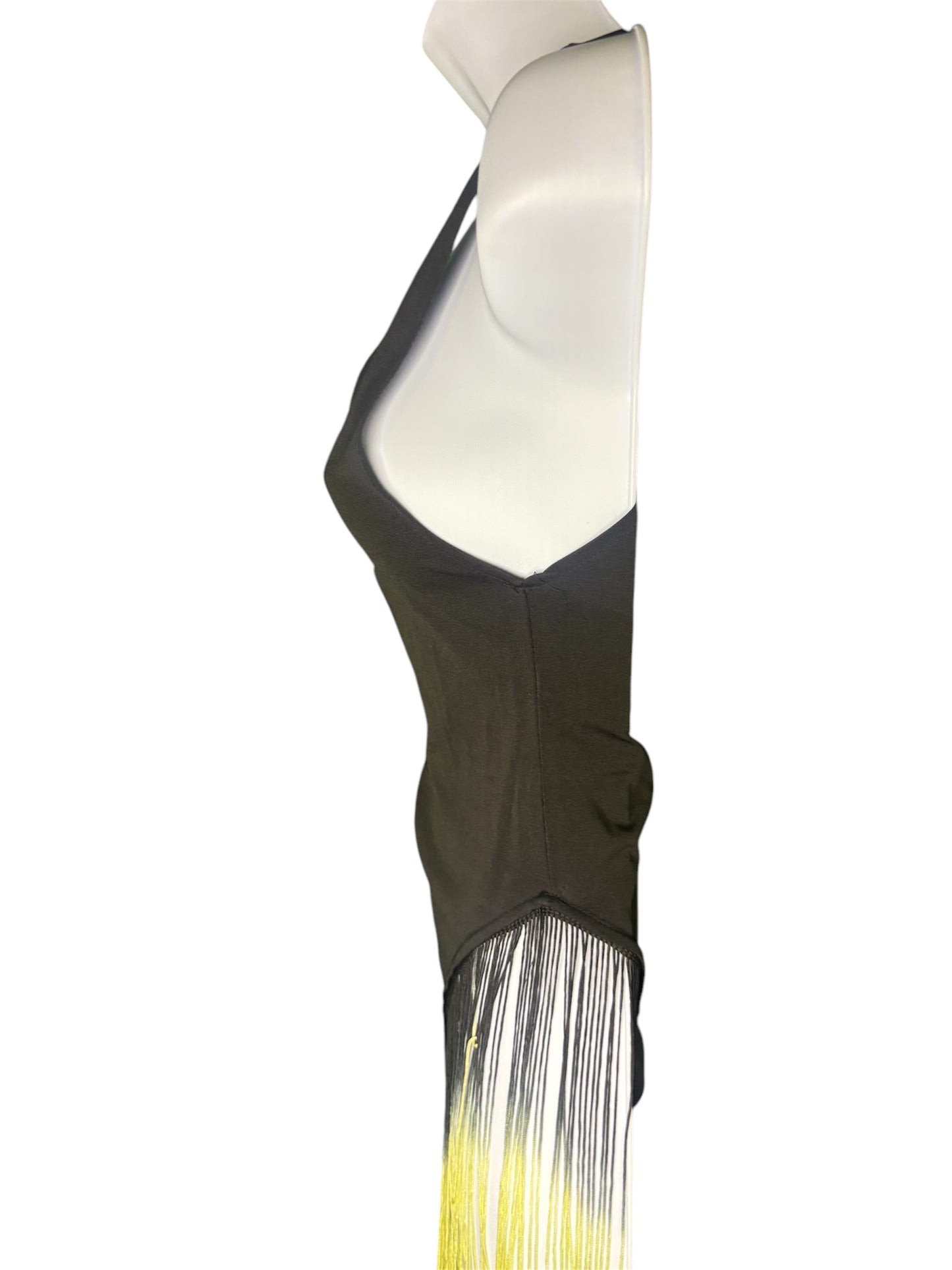 Black Bodysuit with Yellow Zipper and Fringe Accent