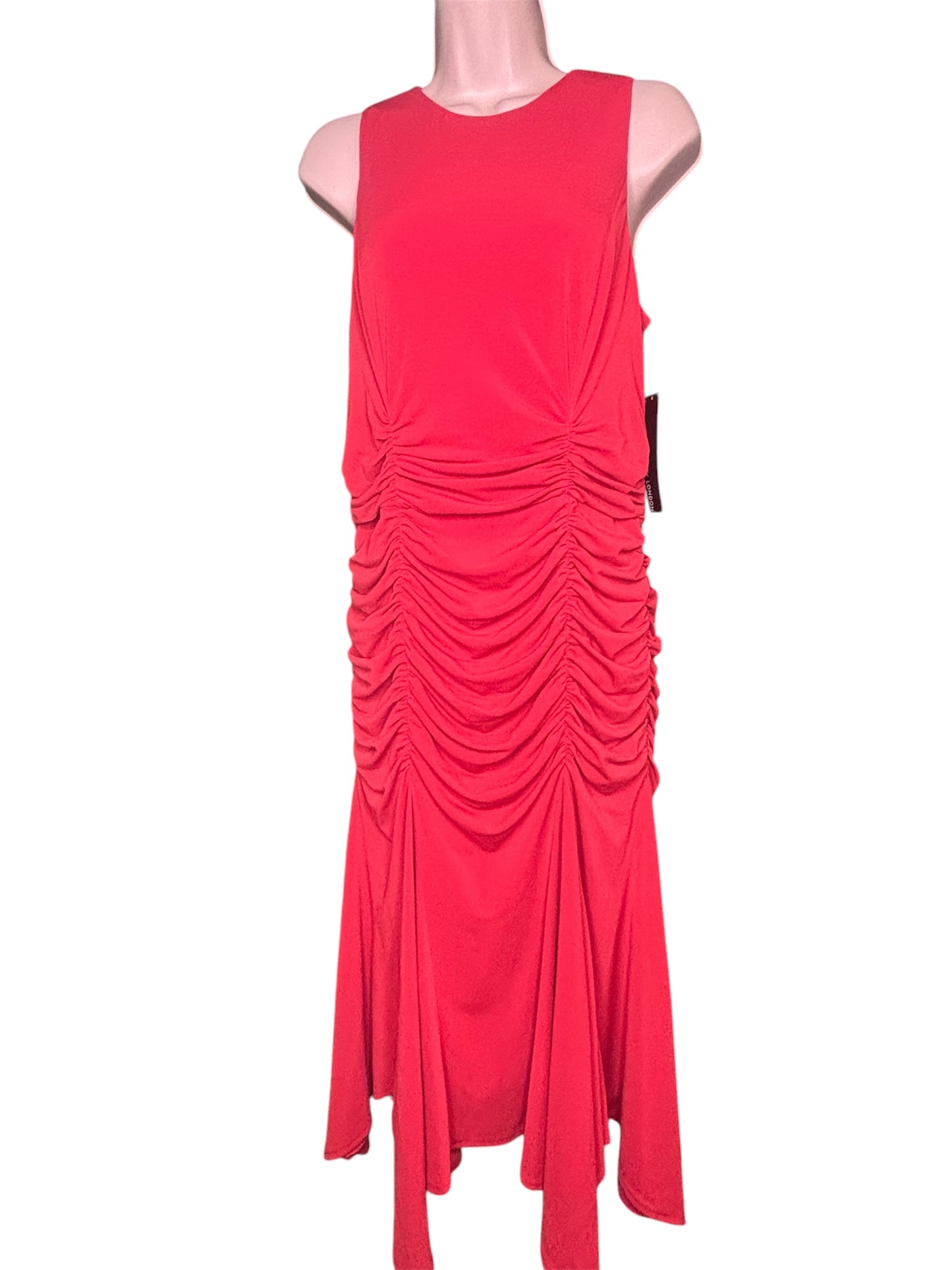 Sleeveless dress in a vibrant red color. This dress features a gathered or ruched design along the side.