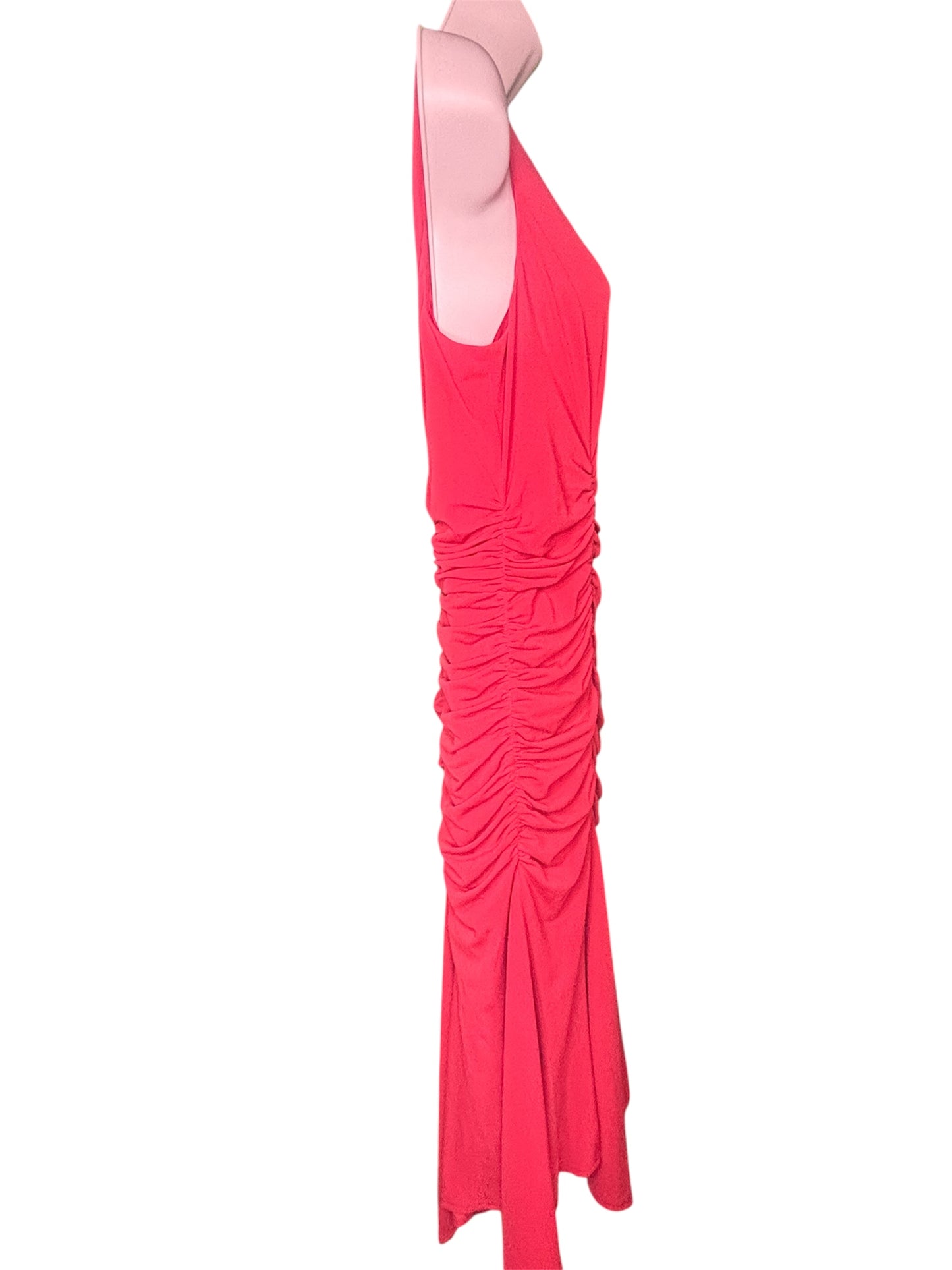 Sleeveless dress in a vibrant red color. This dress features a gathered or ruched design along the side.