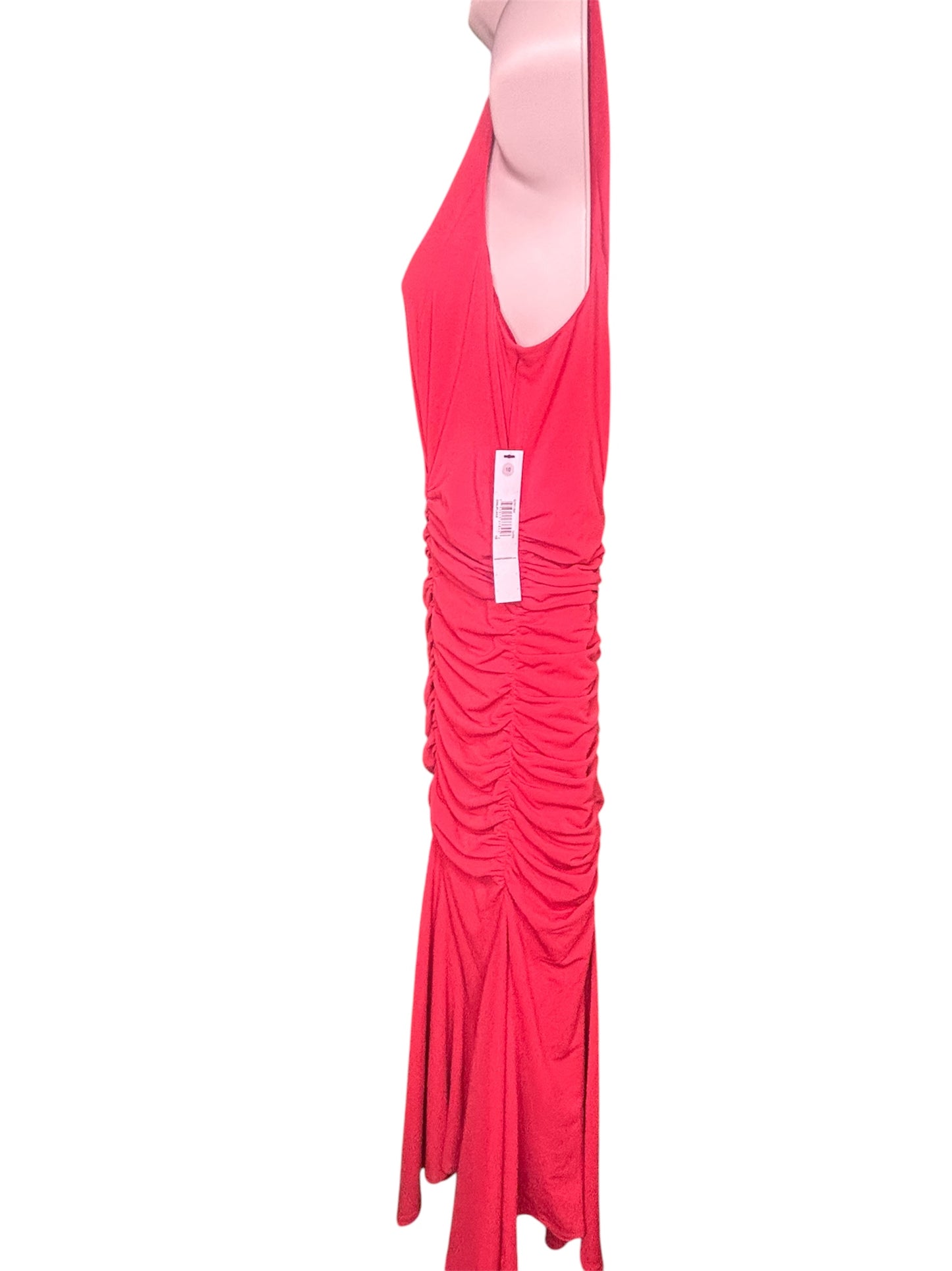 Sleeveless dress in a vibrant red color. This dress features a gathered or ruched design along the side.