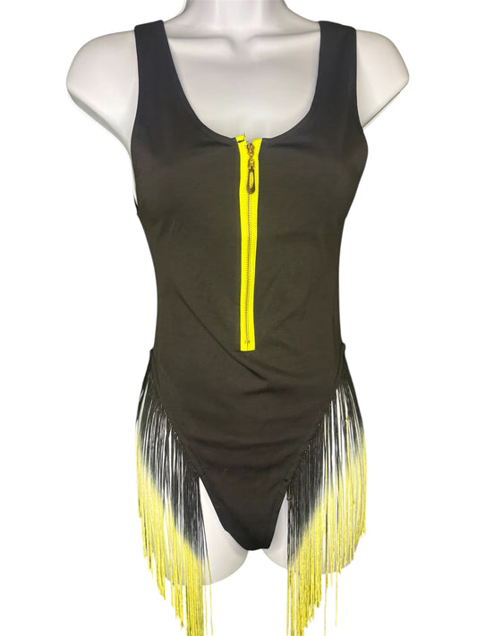 Black Bodysuit with Yellow Zipper and Fringe Accent