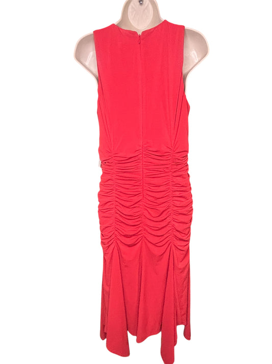 Sleeveless dress in a vibrant red color. This dress features a gathered or ruched design along the side.